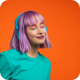 exceptional woman with dyed violet hair listening music in headphones and singing on orange t20 1nvvzw