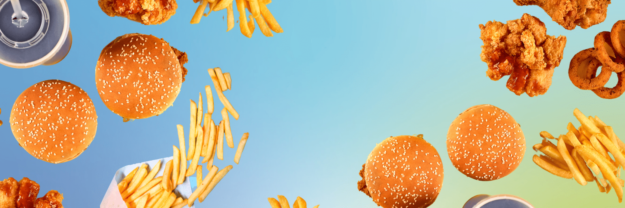Fast food burgers and fries on a blue background